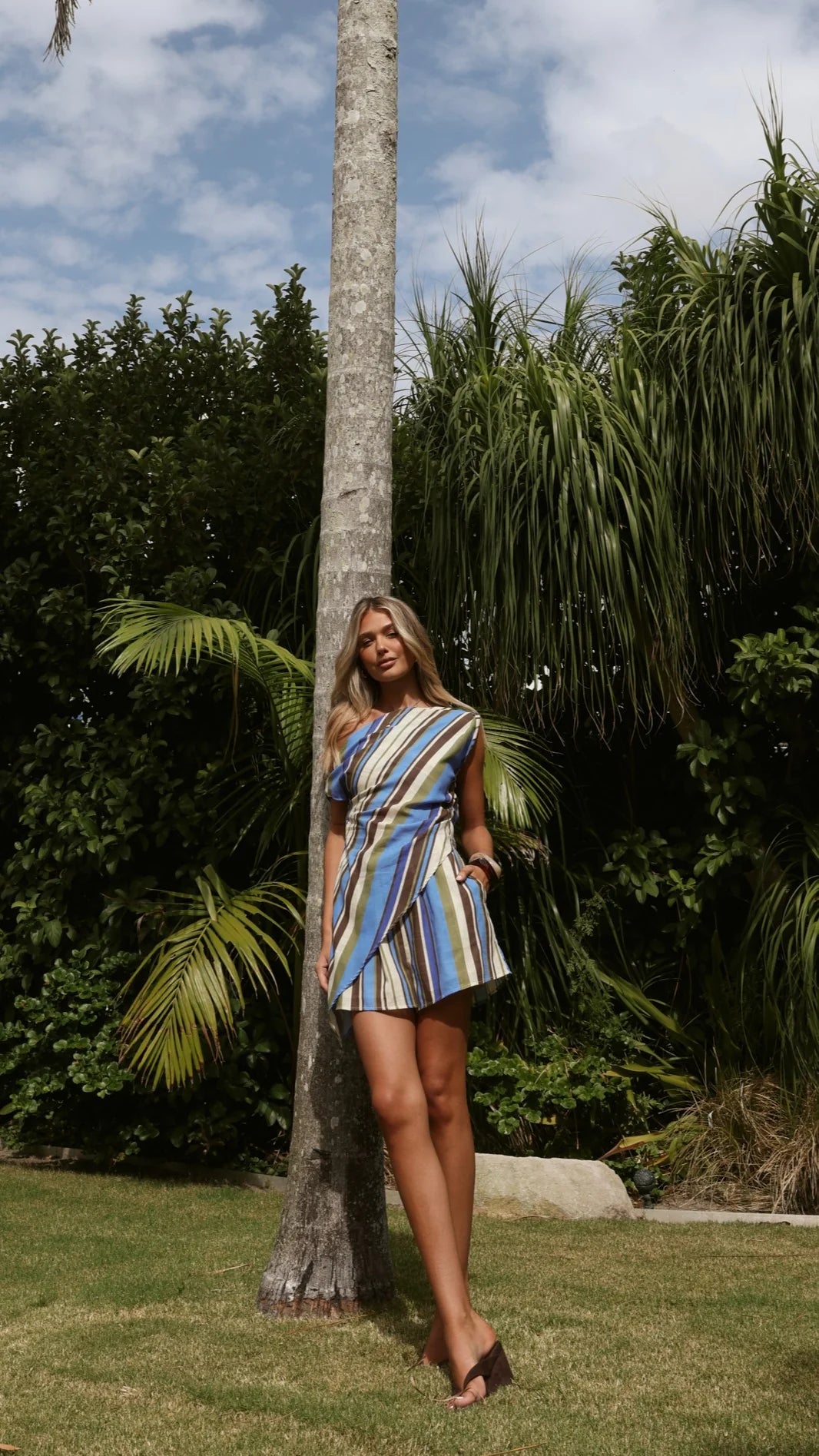 Liana Off Shoulder Top & Shorts Set - Blue/Khaki Stripe