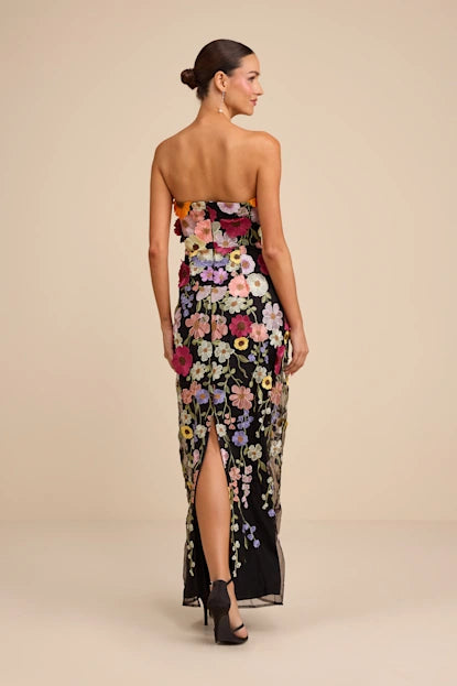 Macario Black Multi 3D Floral Embroidered Strapless Maxi Dress