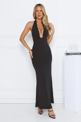 Hot Girl Designed Halter Maxi Dress Black