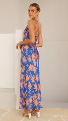 Verity One Shoulder Maxi Dress - Orange/Blue Floral