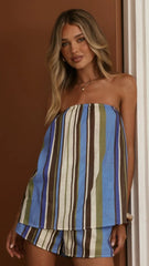 Calliope Strapless Top and Shorts Set - Blue/Khaki Stripe