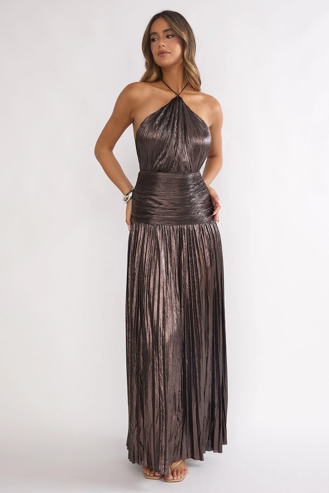 Ahmara Drop Waist Accordion Pleat Maxi Dress Gunmetal