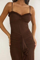 Noelia Gathered Waist Frill Trim Maxi Dres Chocolate