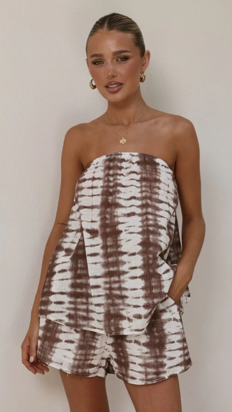 Calliope Strapless Top and Shorts Set - Chocolate Tie Dye