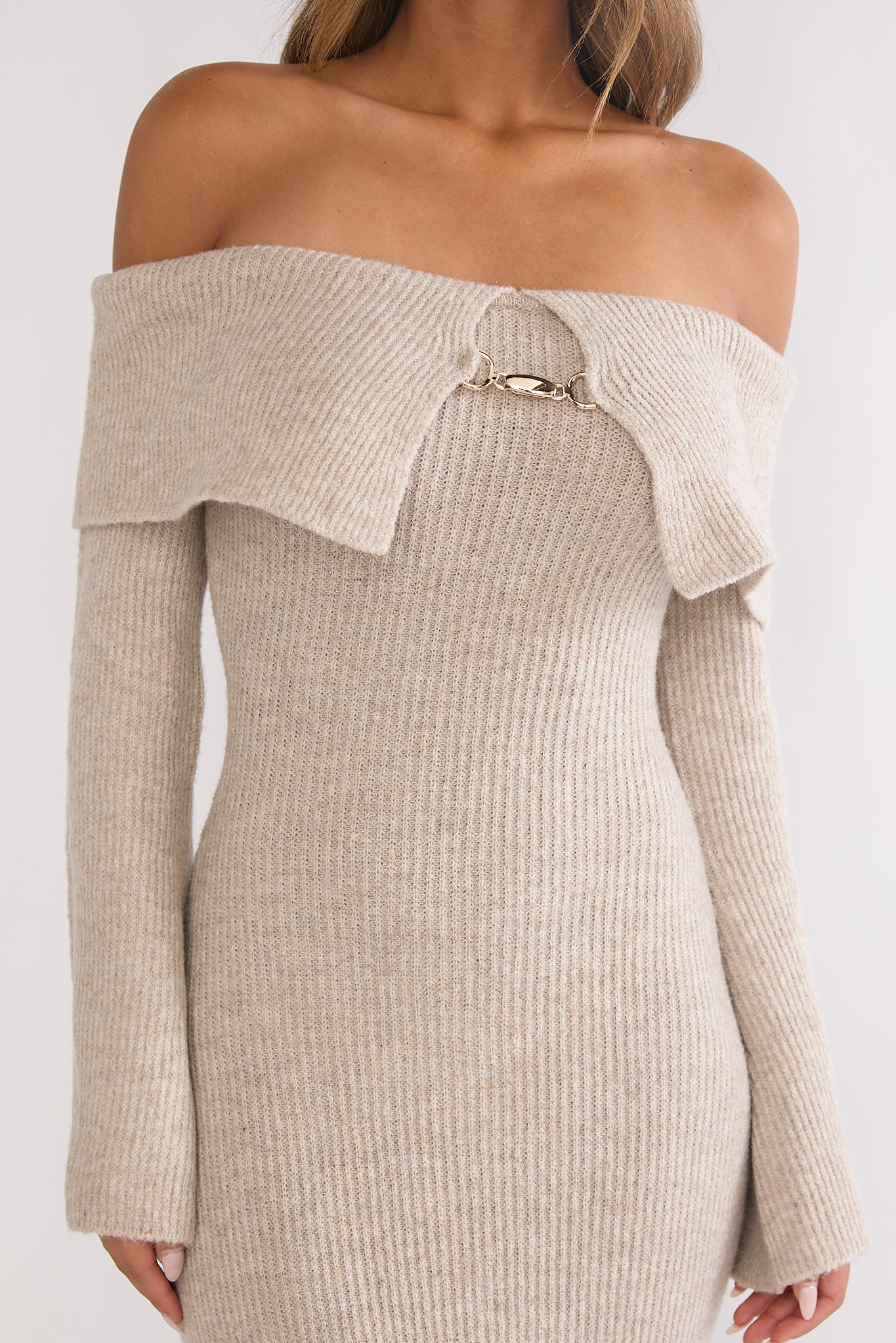 Arwyn Foldover Off-Shoulder Knit Maxi Dress Quinoa
