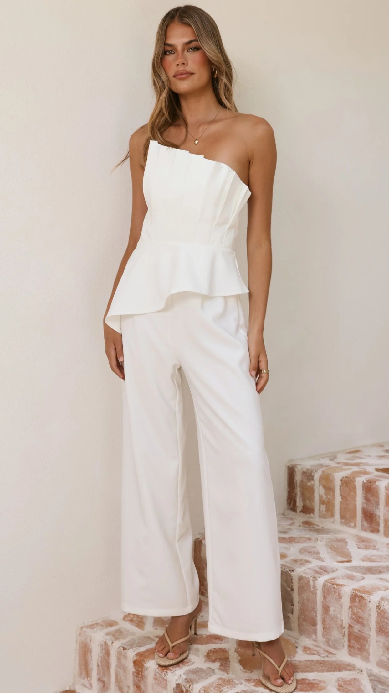 Javana Asymmetrical Top and Pants Set - White