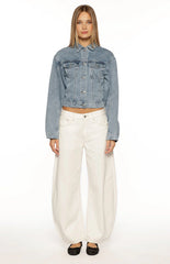 Elana Mid Wash Cinched Waist Denim Jacket