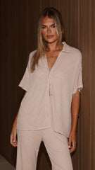 Madian Button Up Shirt and Pants Set - Taupe