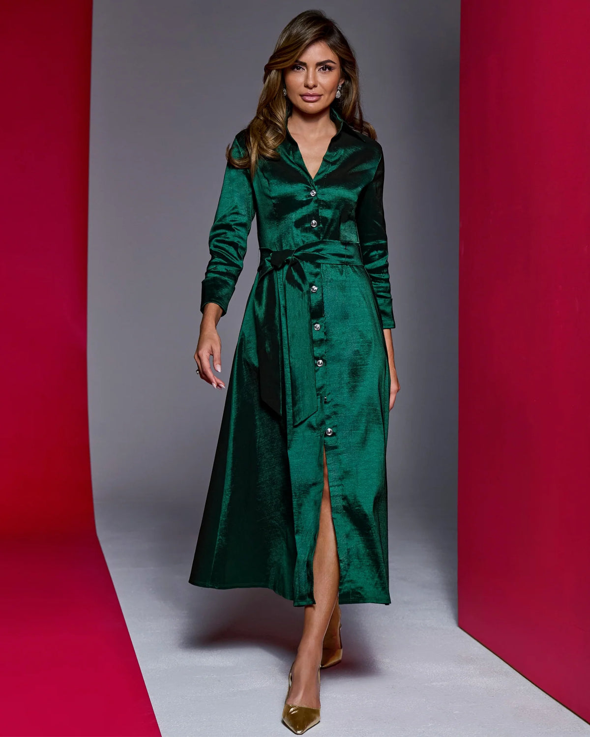 Taffeta Three Quarter Sleeve Button Up Shirt Dress Emerald
