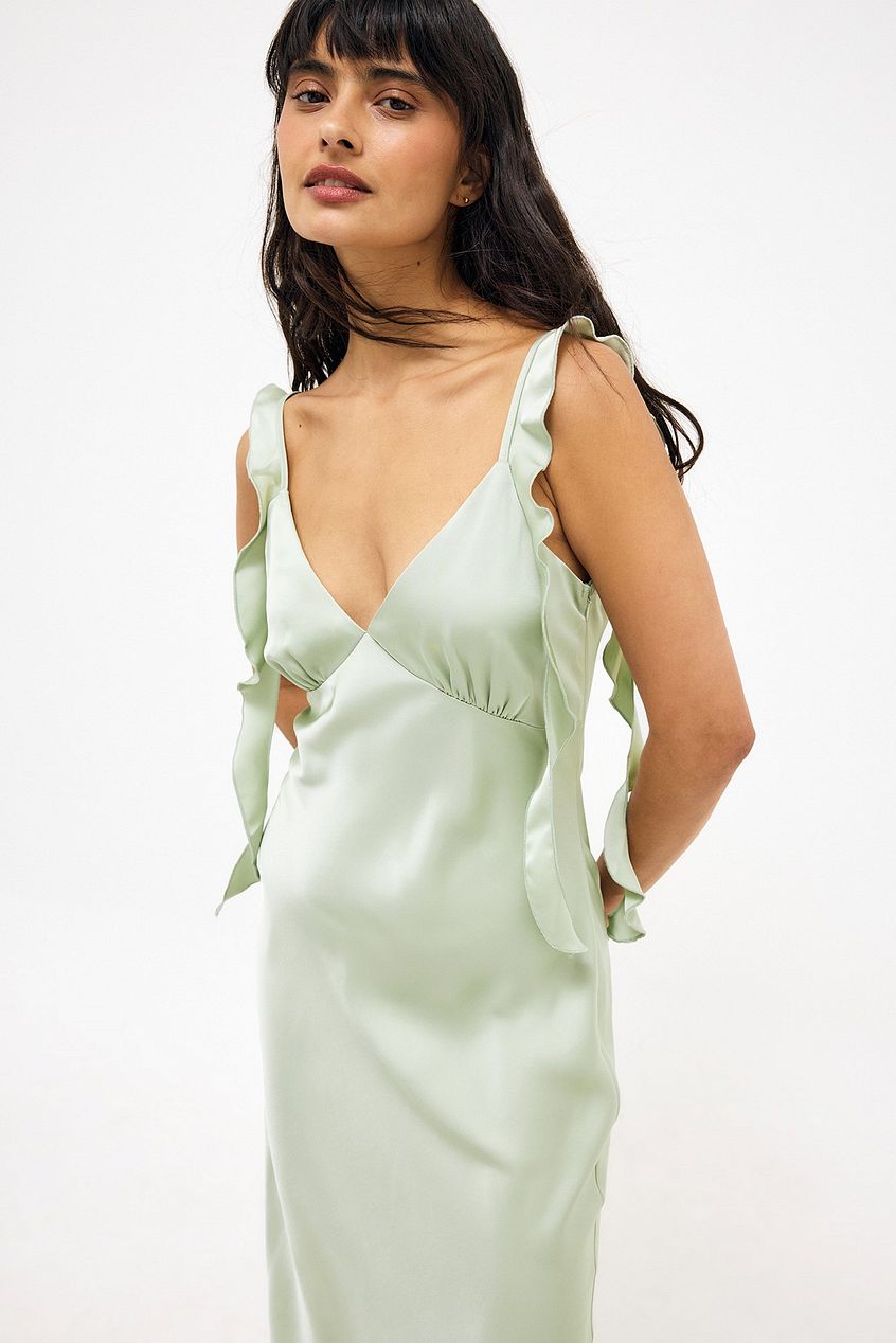 Satin Ruffle Shoulder Maxi Dress
