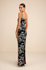 Camesha Black Multi Floral Velvet Sequin Maxi Dress