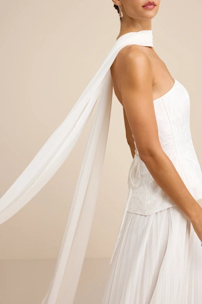 Eloise White Jacquard Pleated Maxi Dress and Scarf Set