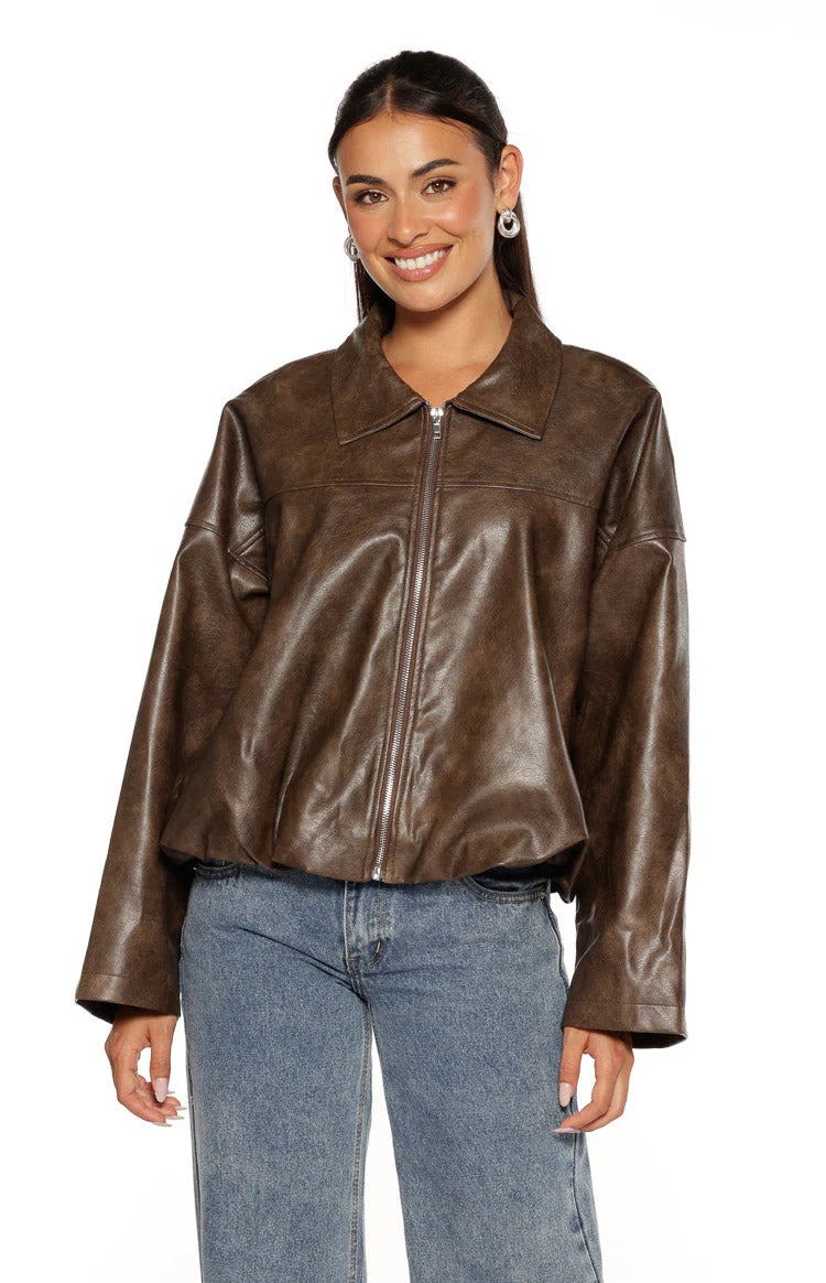 River Vintage Brown PU Bubble Hem Bomber Jacket