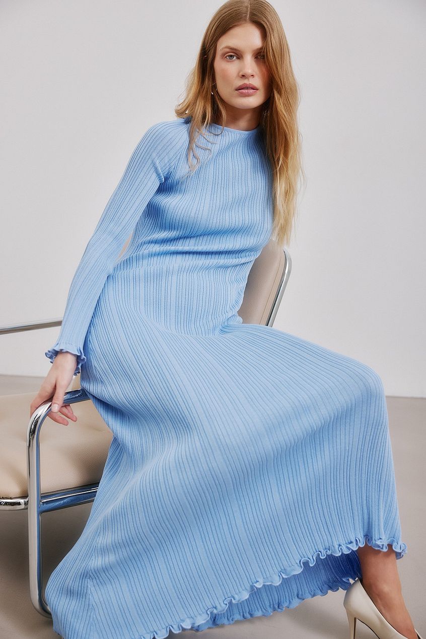 Knitted Round Neck Frill Maxi Dress