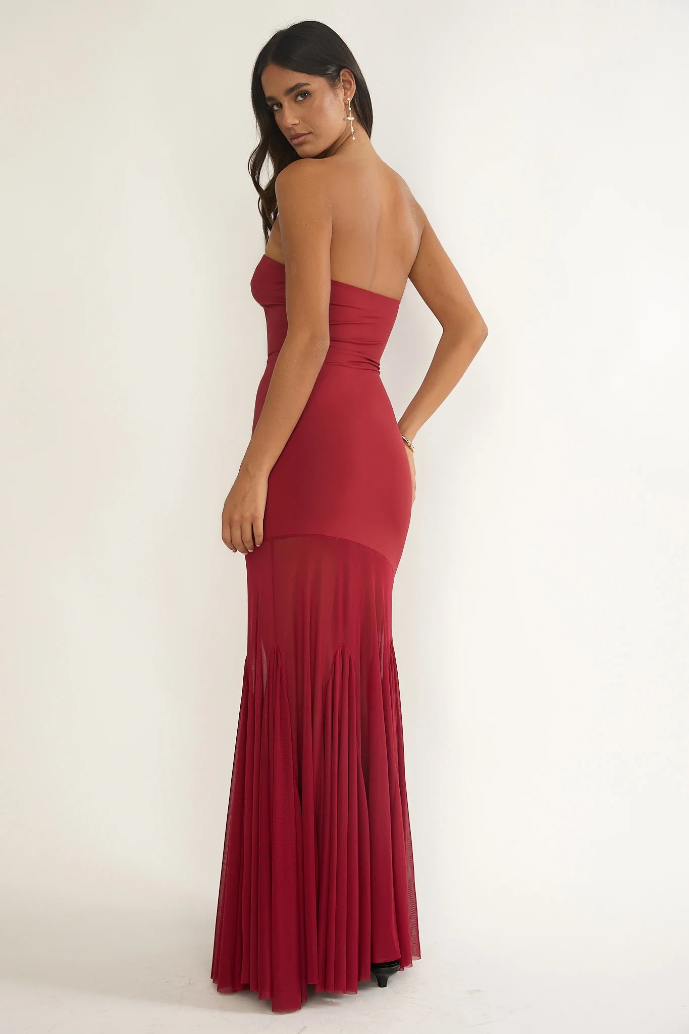Velvet Rope Strapless Mesh Maxi Dress Wine