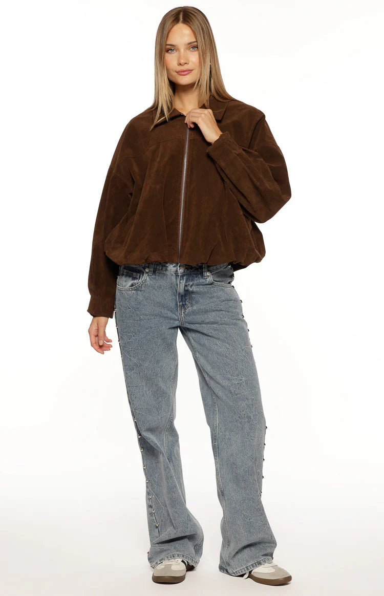 Brookie Brown Suedette Cuff Sleeve Bomber Jacket