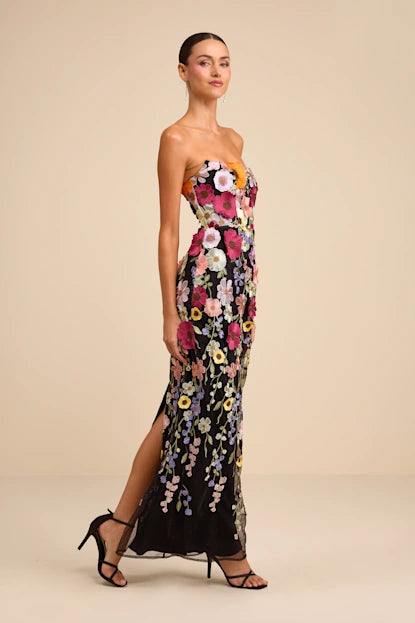 Macario Black Multi 3D Floral Embroidered Strapless Maxi Dress