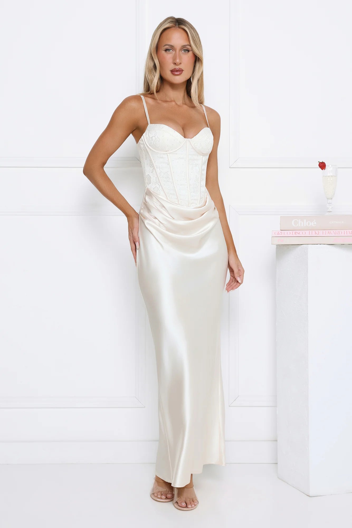 Shimmering Horizon Satin Maxi Dress Cream