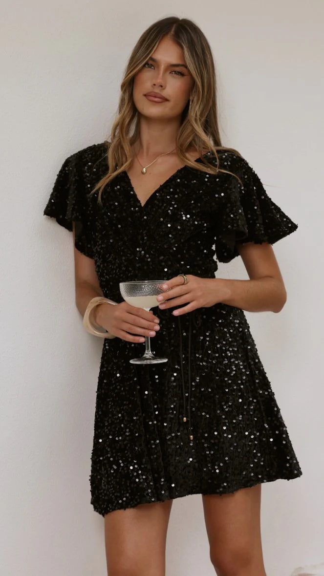 Zinnia Sequins Mini Dress - Black Sequins
