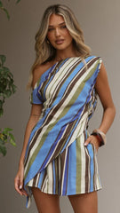 Liana Off Shoulder Top & Shorts Set - Blue/Khaki Stripe