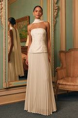 Eloise White Jacquard Pleated Maxi Dress and Scarf Set