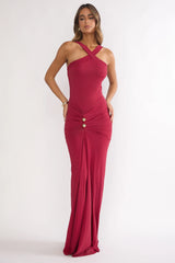 Delaina Ruched Waist Gold Accent Maxi Dress Wine