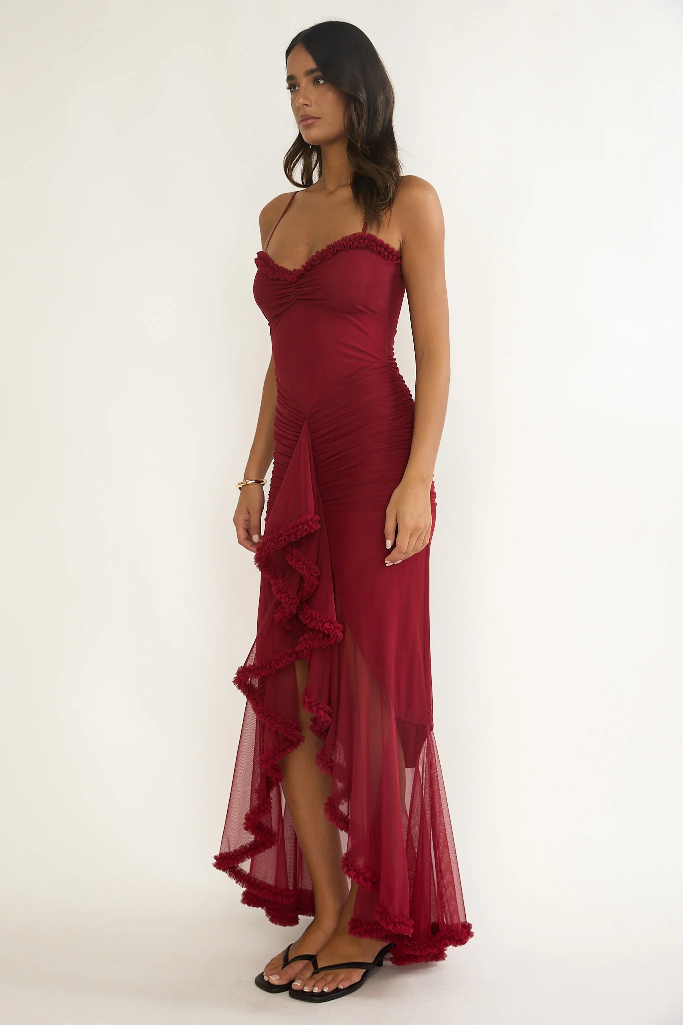 Noelia Gathered Waist Frill Trim Maxi Dres Wine