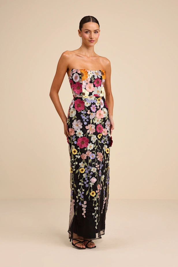 Macario Black Multi 3D Floral Embroidered Strapless Maxi Dress