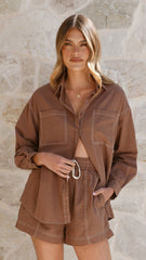 Greer Long Sleeve Top and Shorts Set - Brown