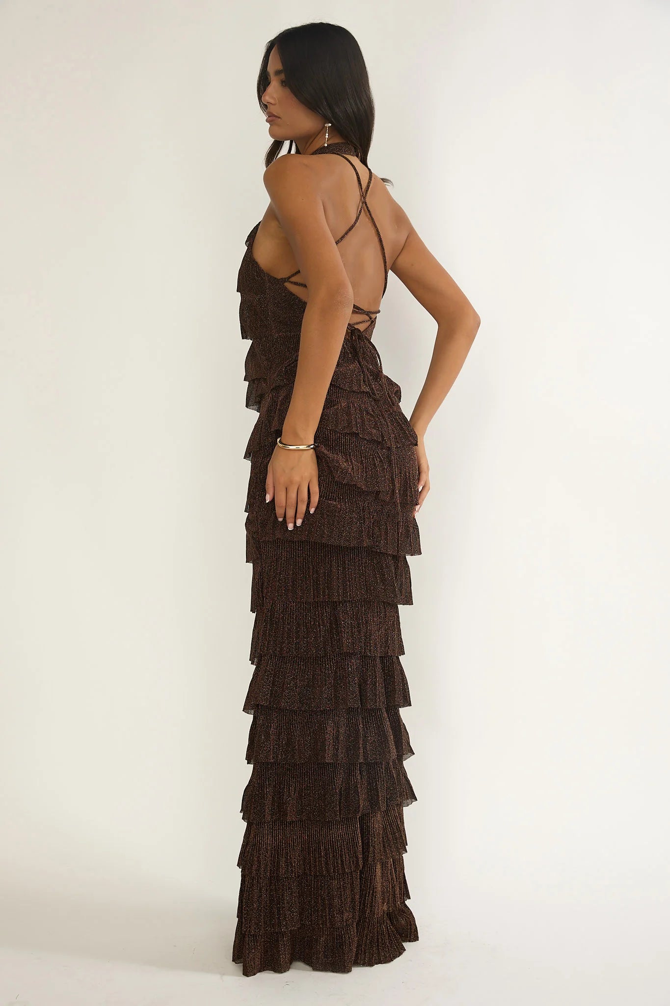 Kaelia Tiered Halter Maxi Dress Sparkle Brown