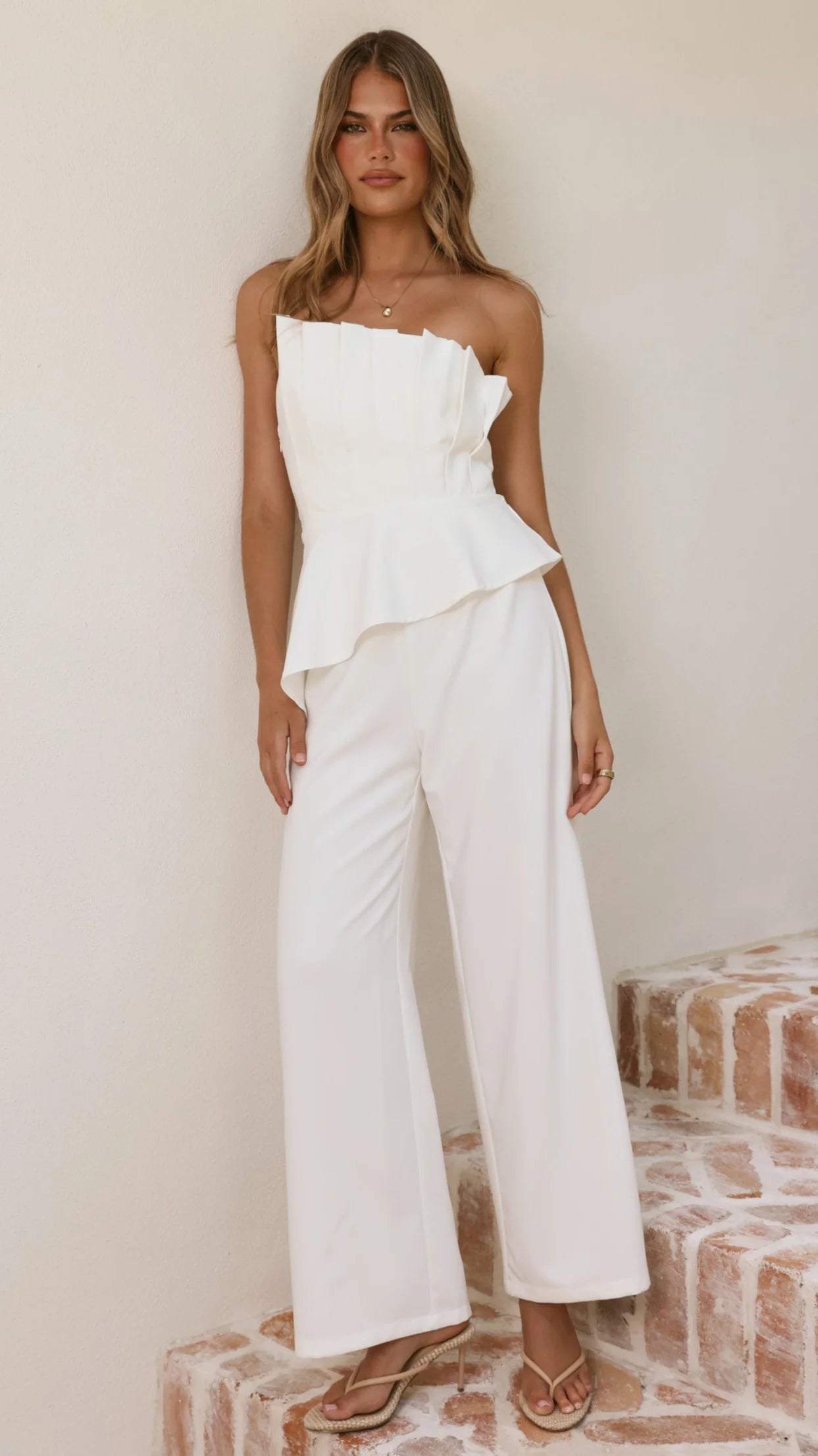 Javana Asymmetrical Top and Pants Set - White