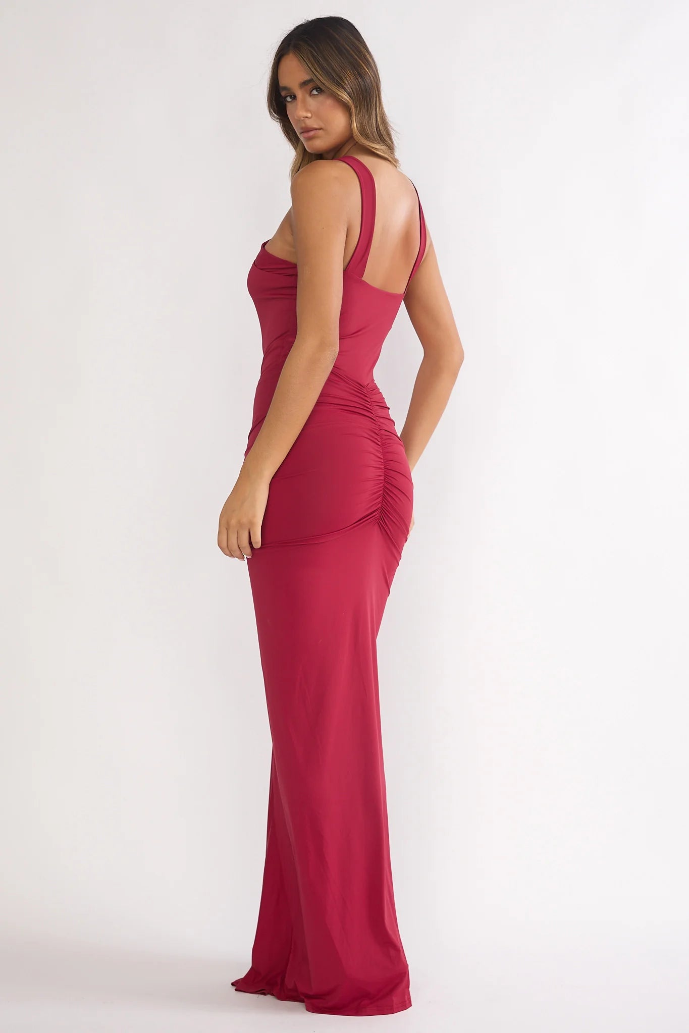 Delaina Ruched Waist Gold Accent Maxi Dress Wine
