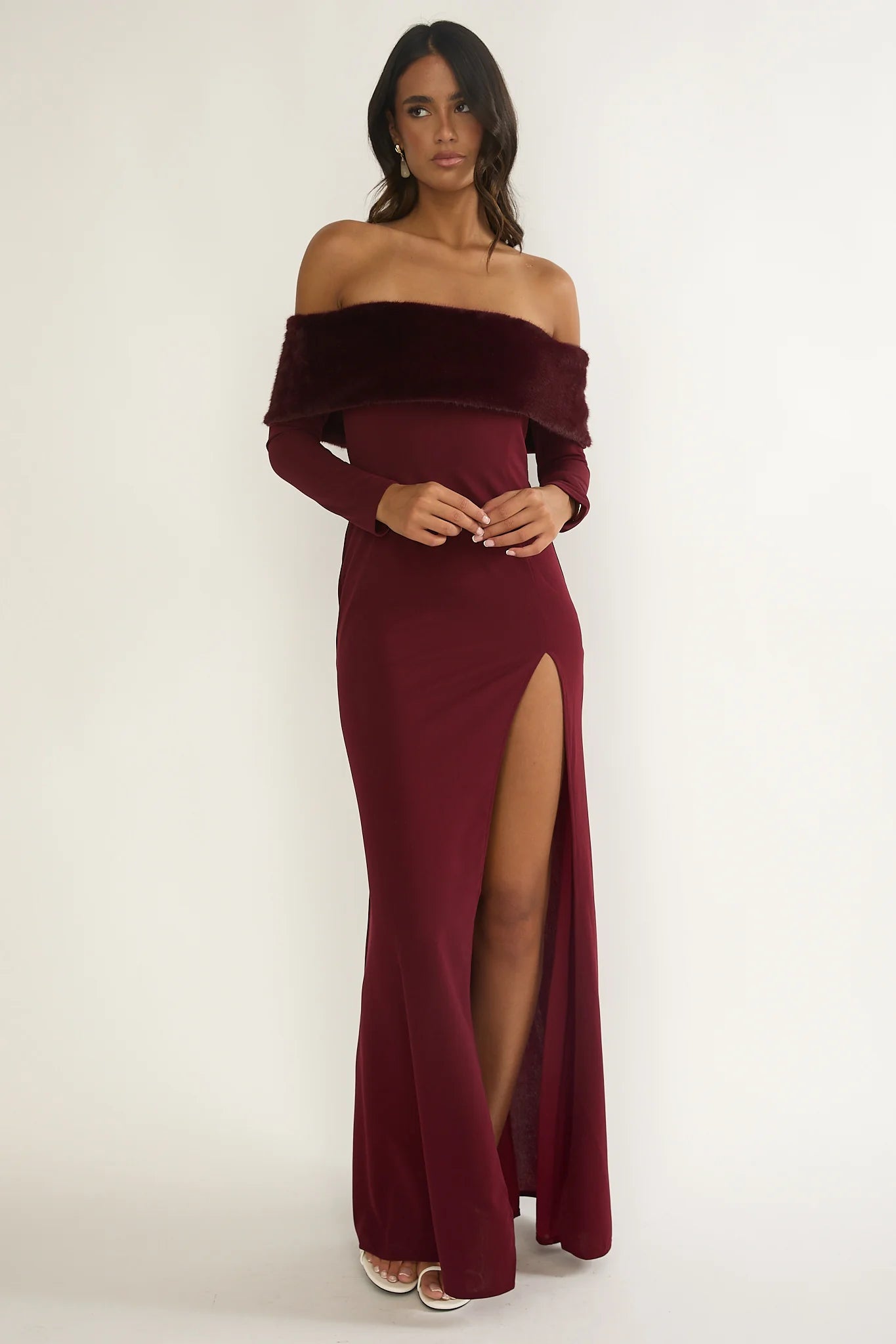 Noella Off-Shoulder Fur Trim Maxi Dress Wine