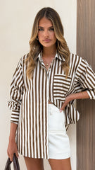 Zoah Long Sleeve Button Up Shirt - Choc/Champagne Stripe