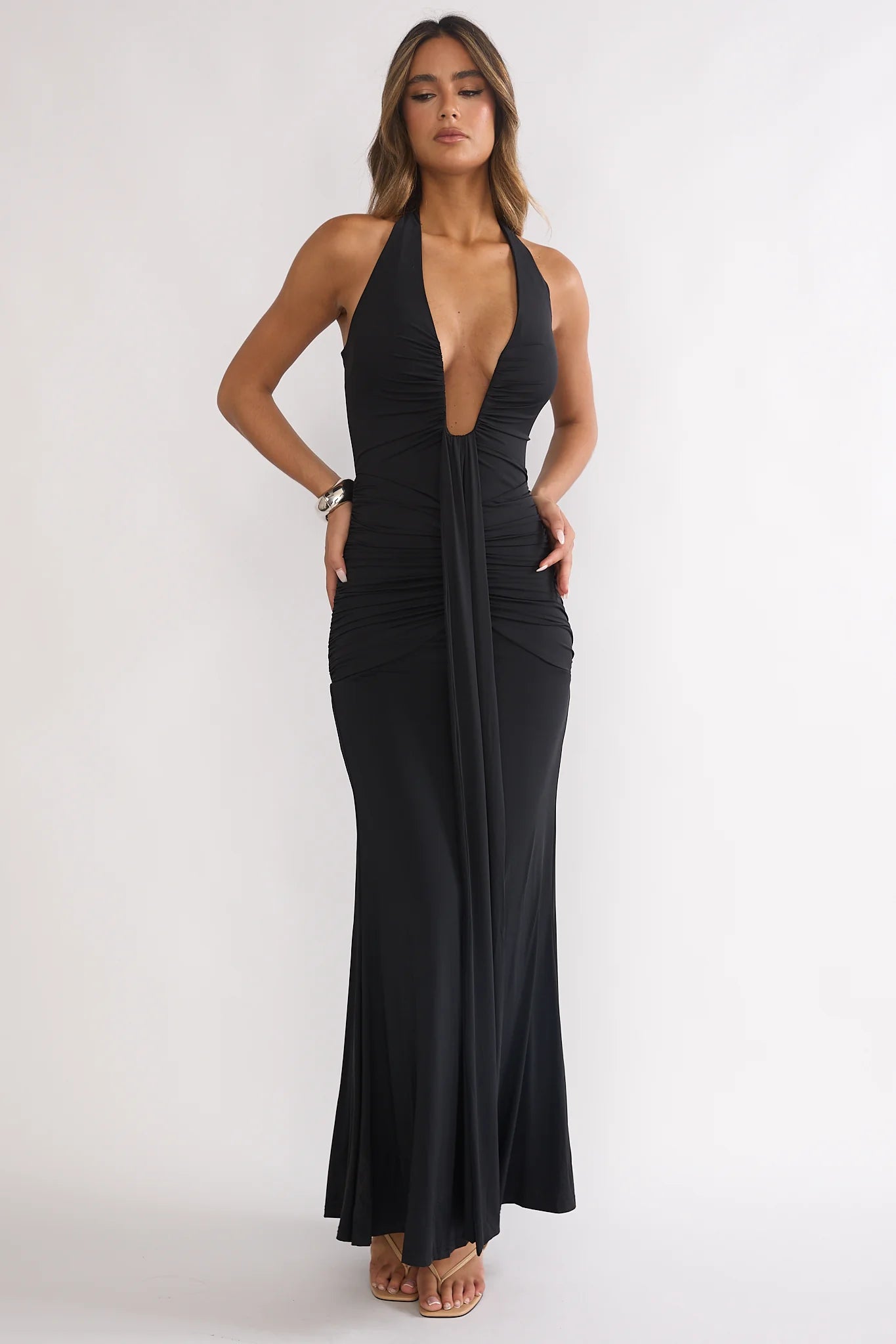 Brienna Halter Ruched Maxi Dress Black