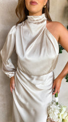 Esther One Shoulder Long Sleeve Dress - Champagne
