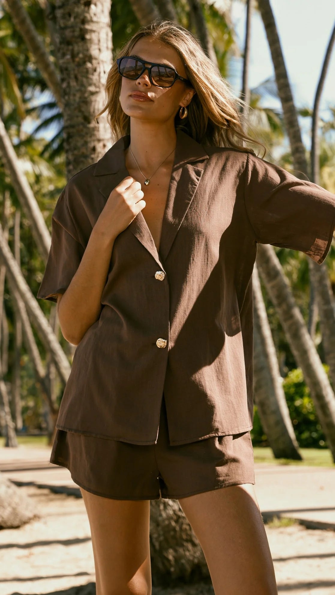 Nadine Shirt and Shorts Set - Brown