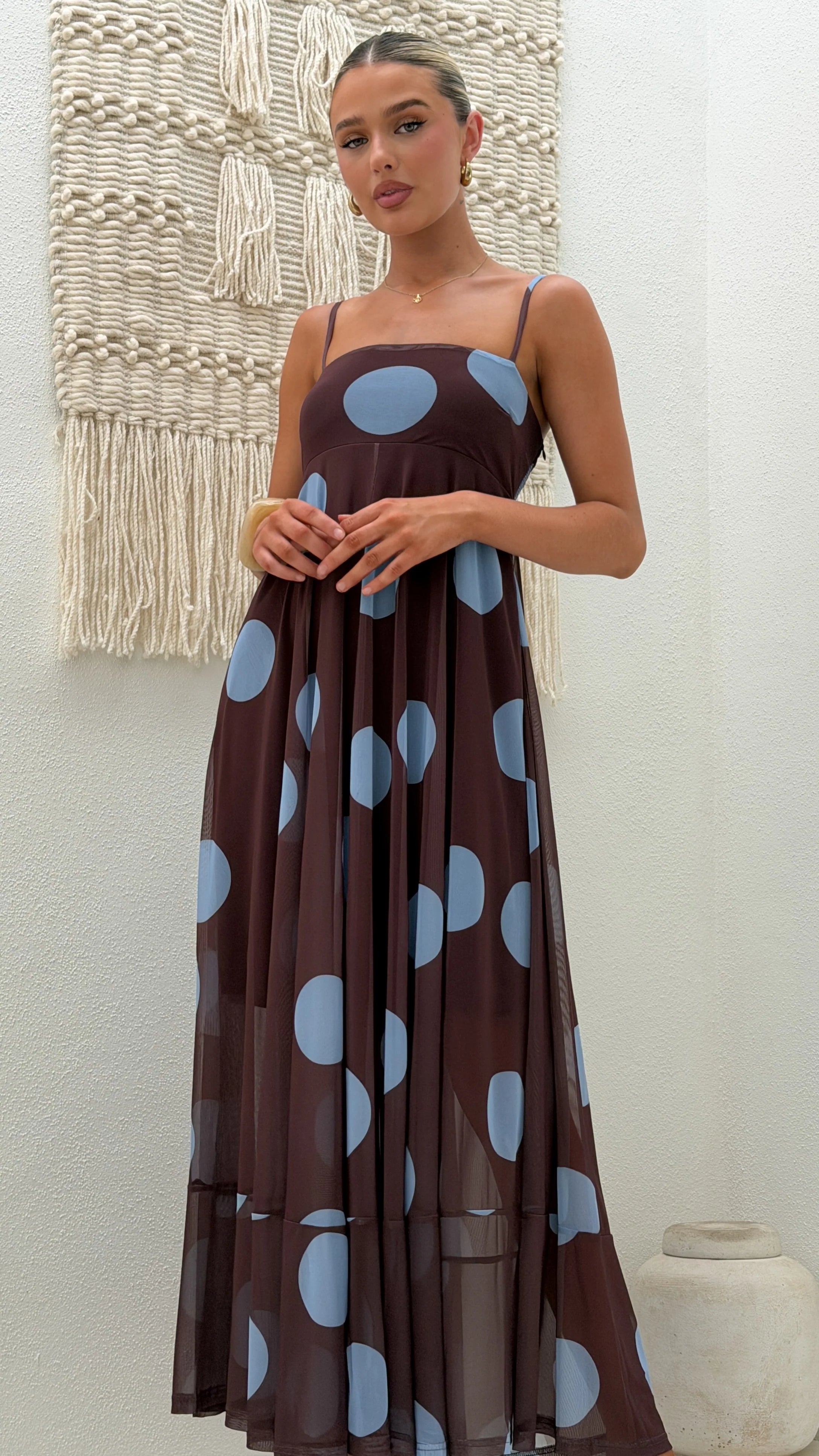 Melinda Mesh Maxi Dress - Brown / Blue Polka Dot