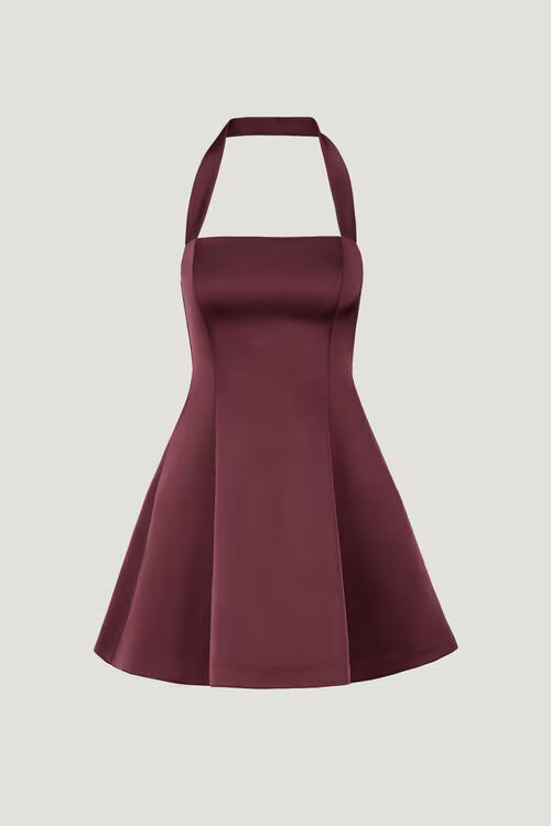 Amaya Satin Halter Mini Dress-Zinfandel Burgundy