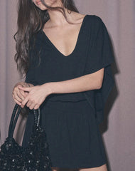 Osiri Batwing Plunge Mini Dress in Jersey Black