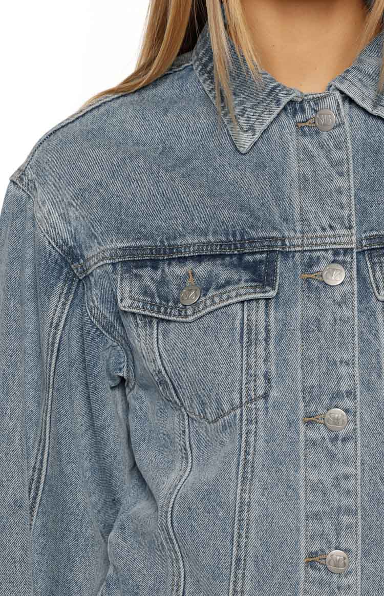 Elana Mid Wash Cinched Waist Denim Jacket