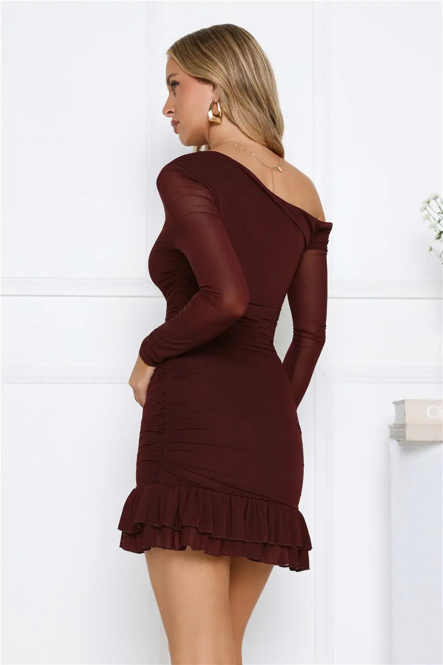 Serve The Look Mesh Long Sleeve Mini Dress Chocolate