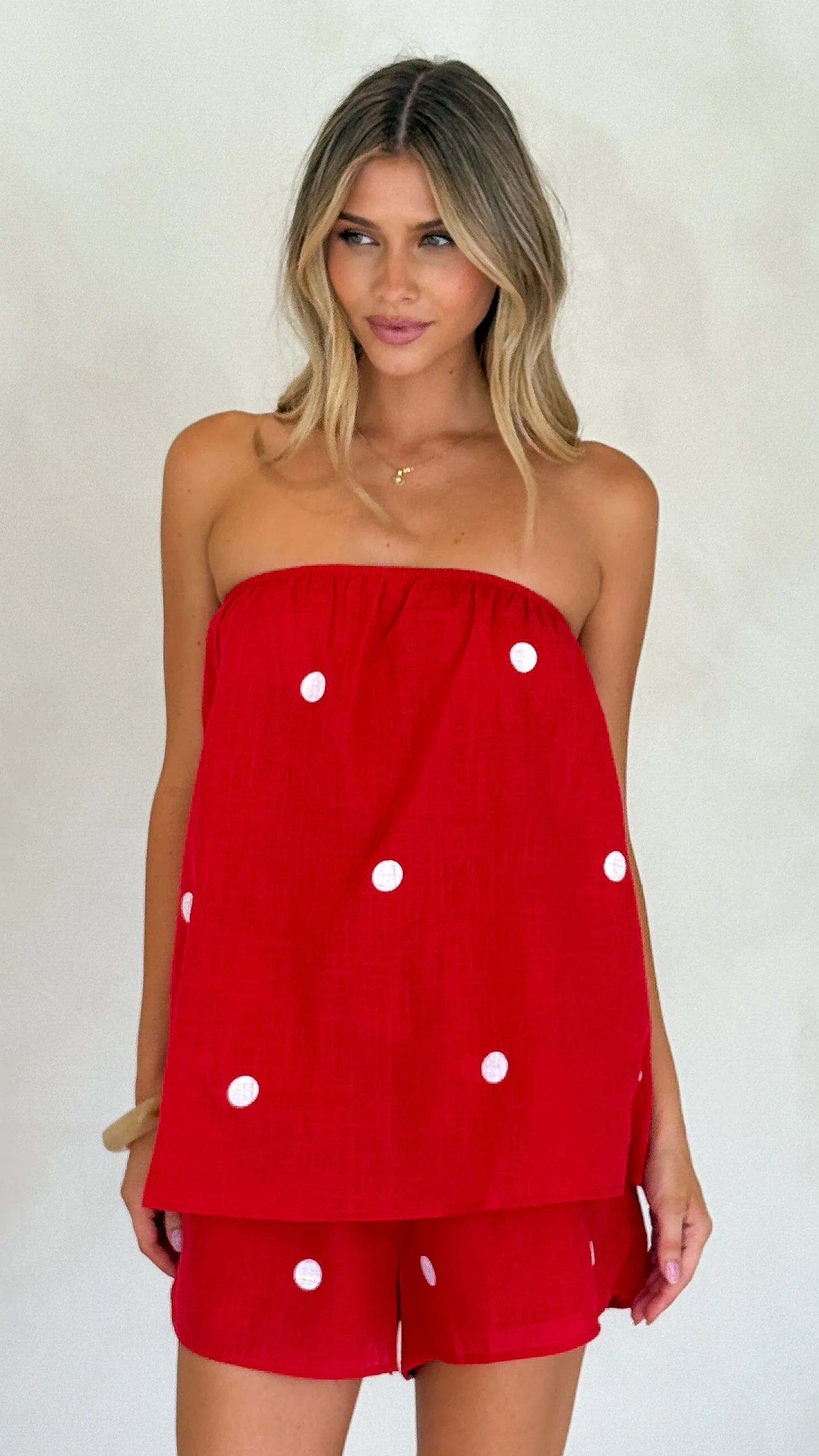 Calliope Strapless Top and Shorts Set - Red/White Polka Dot