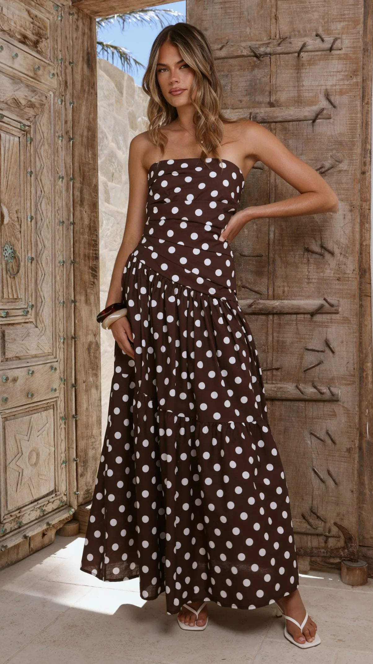 Lyra Maxi Dress - Brown/White Polka Dot