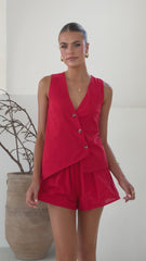 Gallia Asymmetrical Top and Shorts Set - Red