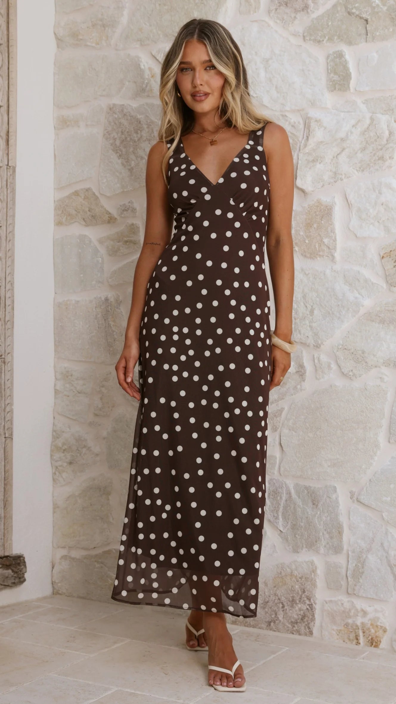 Cassara Maxi Dress - Chocolate / White Polka Dot