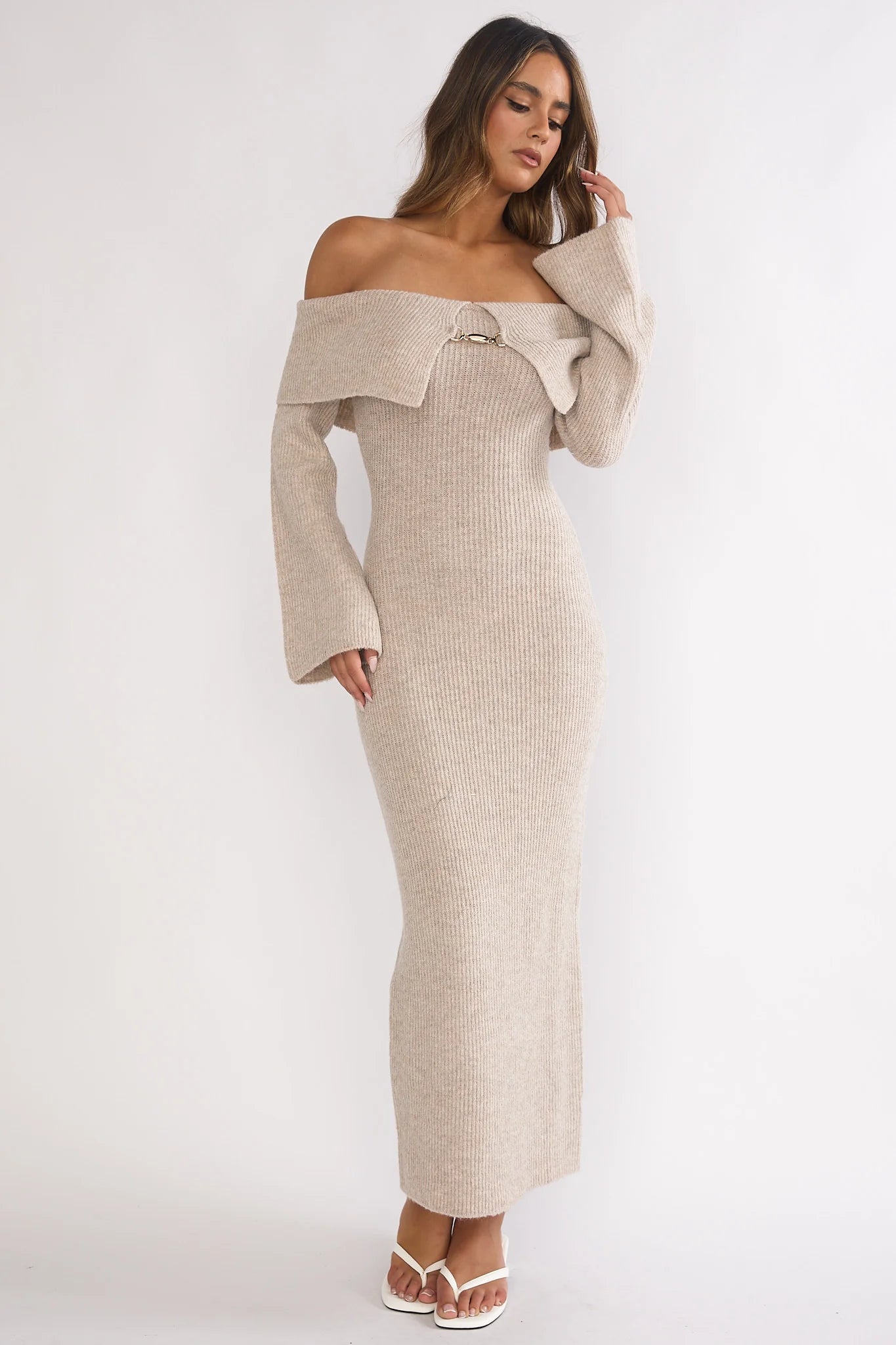 Arwyn Foldover Off-Shoulder Knit Maxi Dress Quinoa
