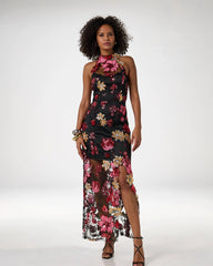 Sequin Mesh Slit Maxi Gown Black Multi