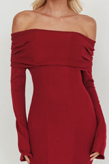 Aloura Off-Shoulder Ribbed Knit Maxi Dress Wine