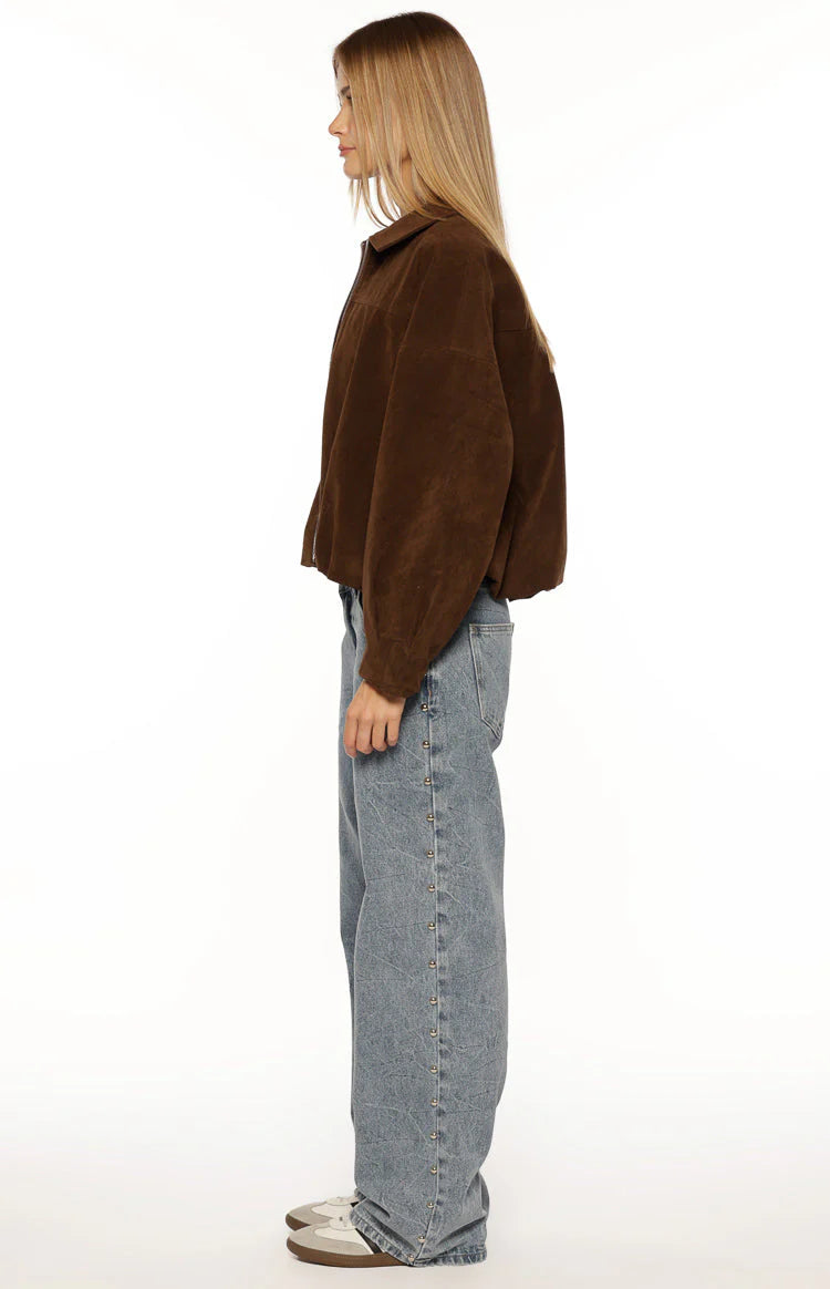 Brookie Brown Suedette Cuff Sleeve Bomber Jacket